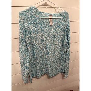 Free‎ People Sweater Pullover Teal White Marled Knit Long Sleeve Scalloped Hem